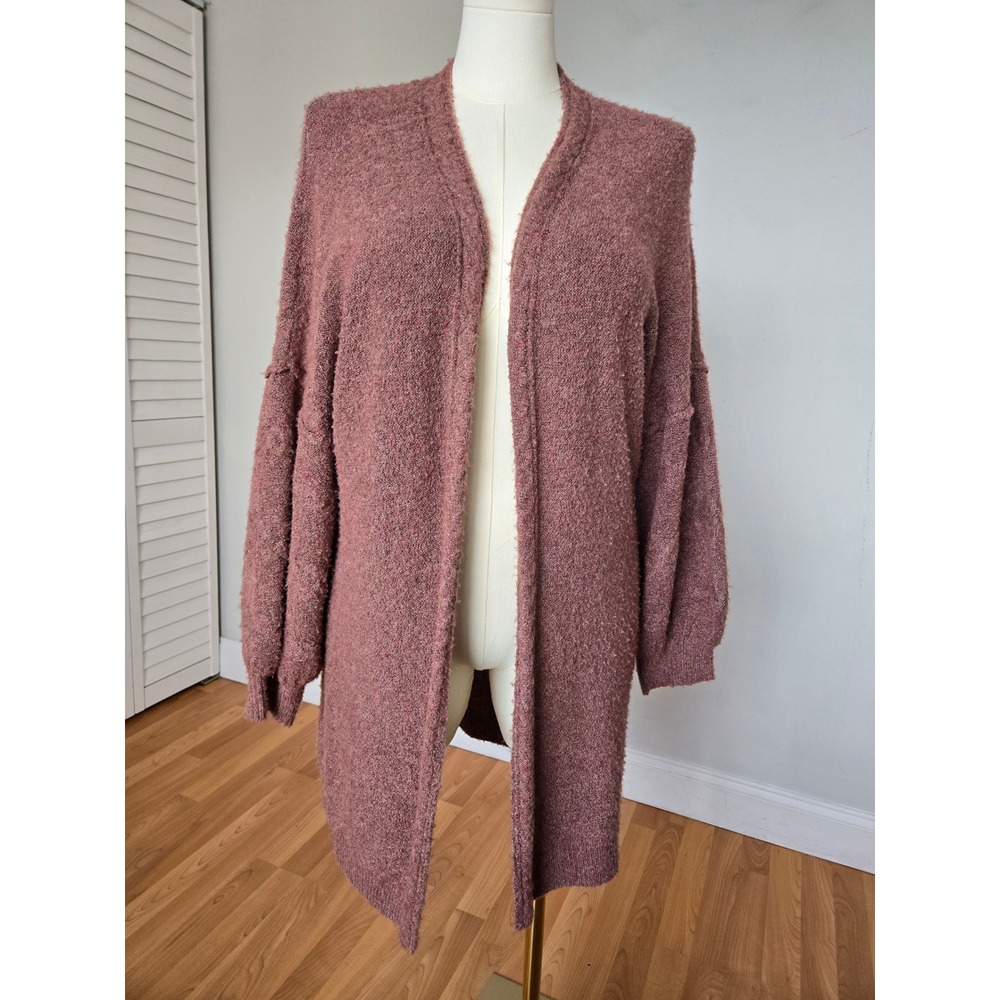 Max Studio Mauve Knit Lantern Sleeve Open Front Long Cardigan M Boho Cottagecore